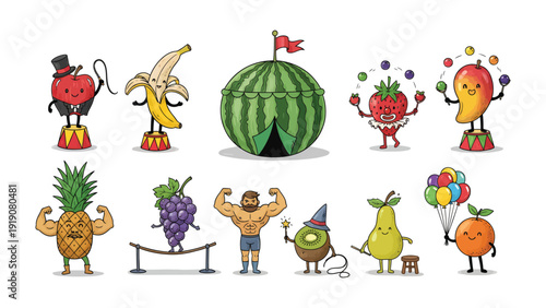 Fruits in the circus: Charming illustration of various fruits showcasing their whimsical personas in a lively circus scene. It brings a creative spin to food.
