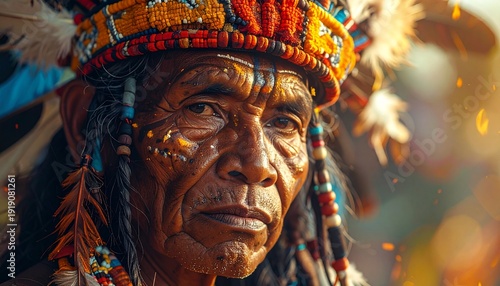 Native American Elder Portrait with Traditional Headdress.