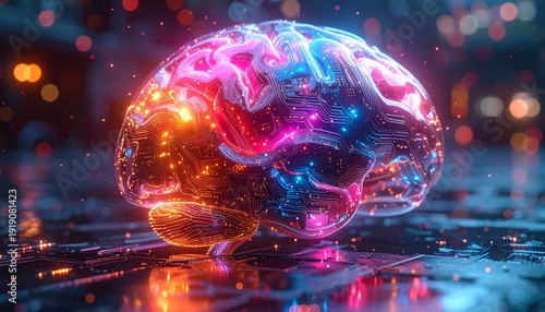 Glowing Brain with Neon Lights and Reflections.