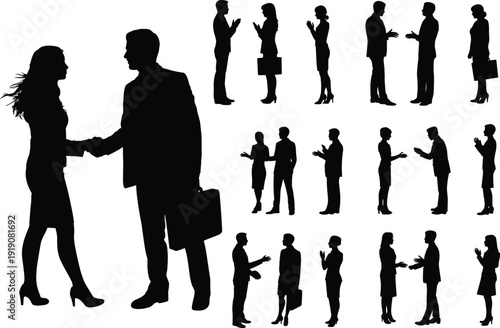 Business people handshake silhouettes set, corporate meeting greeting men and women isolated black vector illustration collection