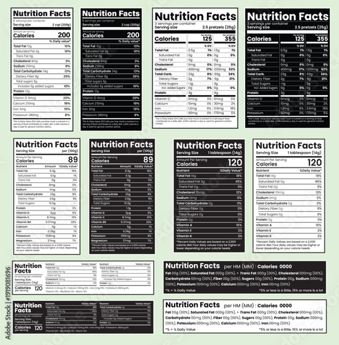 Nutrition facts, Nutrition Facts Label Vector Collection Featuring Vertical and Tabular Formats,  Nutrition facts template, Multiple Layout Variations