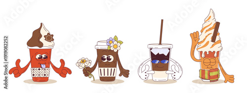 Four Seasons Coffee To Go Vector Set – Cute Groovy Takeaway Cups Characters for Winter Spring Summer Autumn