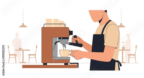 Barista making espresso coffee at cafe with customers in background