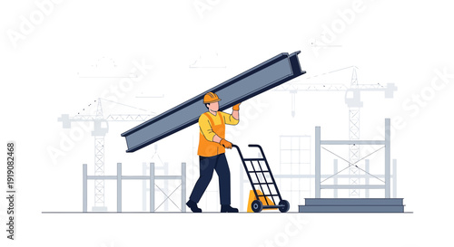 Construction worker carrying steel beam with hand truck, building site illustration