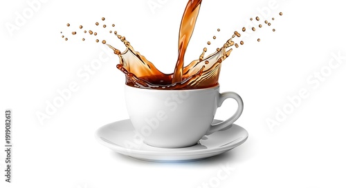 A white coffee cup on a saucer with liquid splashing into it from above.