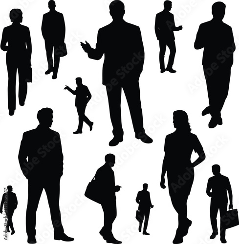 Business people silhouettes isolated on white background, corporate men and women standing walking with briefcase professional collection concept