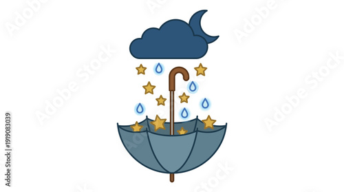 Umbrella, cloud, stars, moon catching falling golden stars and raindrops for dreams, success, protection. Flat vector cartoon, outlined design, blue and gold, isolated graphic icon.