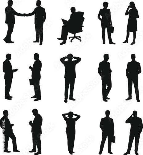 Business people silhouettes set, professional men and women in office activities, black isolated vector illustration collection for corporate design