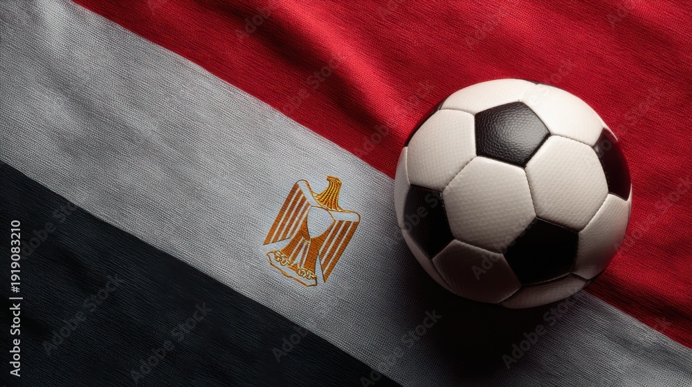 Fototapeta premium Soccer ball placed on the flag of Egypt during a sports event in a local field