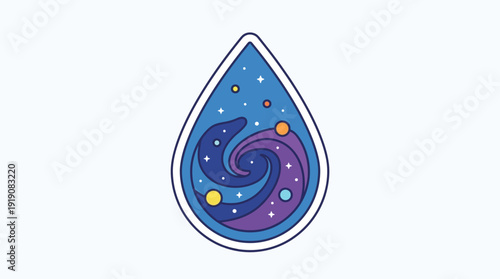 Water Drop Icon with Swirling Galaxy, Planets, and Stars within, representing Space, Wonder, and Discovery in a Modern Vibrant Flat Outline Vector Illustration