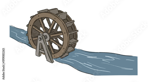 Classic Water Wheel and Stream, Rustic Wooden Mechanism Turning, Renewable Energy & Hydro Power, Hand Drawn Flat Vector Isolated Illustration.