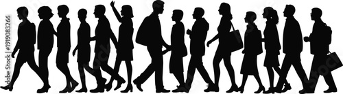 Business people walking silhouettes banner, professional men and women in motion, black isolated vector illustration for corporate lifestyle concept