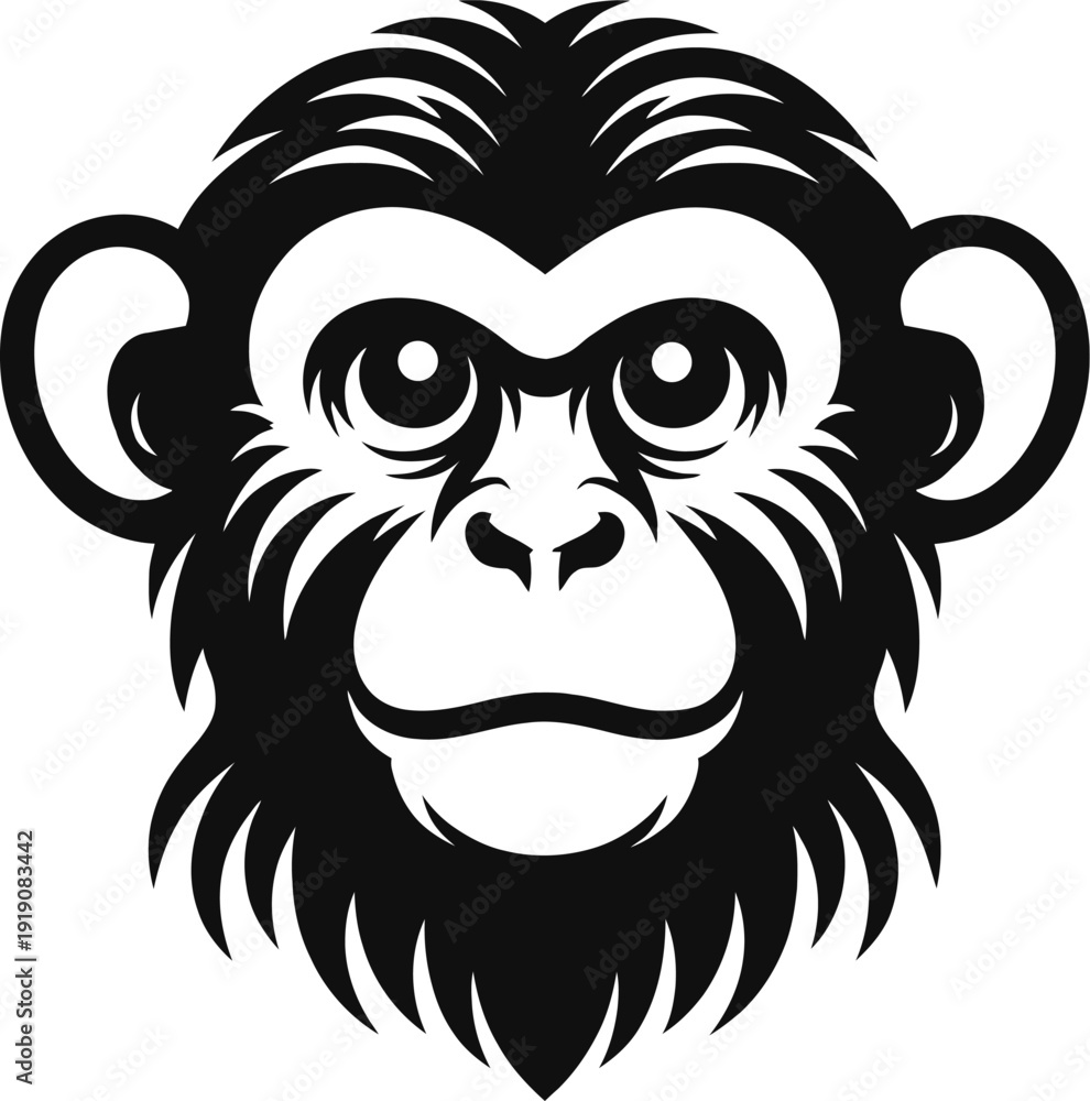 Obraz premium Detailed black chimpanzee head logo with bold lines and strong facial features. Clean and powerful design ideal for wildlife brands, mascots, jungle themes, sports teams, or creative business identity