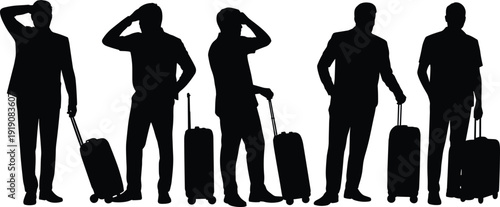 Business traveler silhouettes with rolling suitcases, professional men isolated black vector illustration set for travel and business trip concept