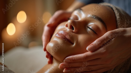 Close-up of professional facial sculpting massage for lymphatic drainage and skin lifting in beauty clinic