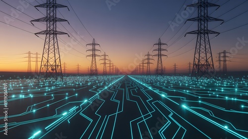 Digital Smart Grid Network Beneath Power Transmission Lines at Sunset, Energy Infrastructure Technology, Electricity Distribution System, Future Power Management and Innovation