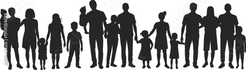Diverse family silhouettes collection isolated on white background, parents children and babies together, unity love community concept illustration