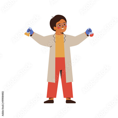School boy holding glass flasks for chemical experiment. Smiling curious child school student in lab coat with beaker. Flat vector illustration isolated on white background