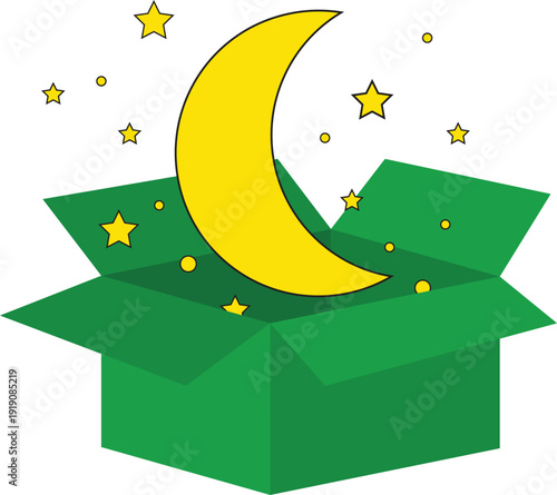 Open green gift box with a yellow crescent moon and stars vector illustration. Isometric Ramadan Kareem concept, Islamic holiday gift, and religious celebration symbol