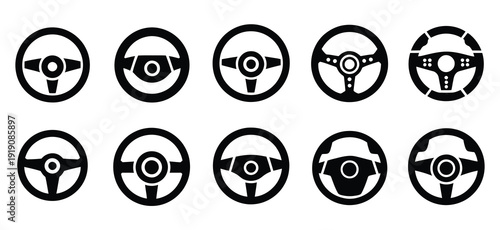 Steering wheel icon set, auto car steering wheel icon set, automobile steer wheel vector symbol for trucks and cars in solid and outline styles