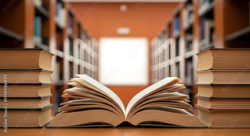 Fototapeta premium Open book on a table in a library with bookshelves