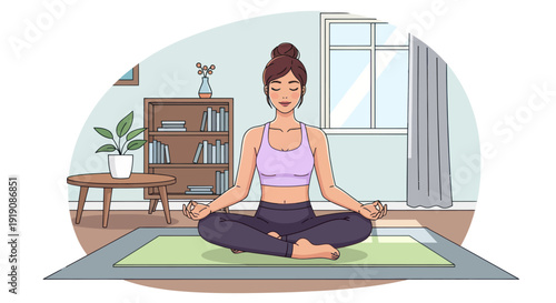 Woman meditating in lotus pose on yoga mat at home, peaceful mindfulness practice
