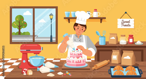 Baker Decorating Cake with Icing Bag in Kitchen Workshop