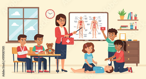 First Aid Class: Teacher Instructs Children on CPR and Injury Care in Classroom