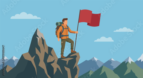 Motivational vector illustration of a determined hiker standing triumphantly on mountain peak. Perfect for success, achievement, adventure, leadership, or goal-reaching concepts.