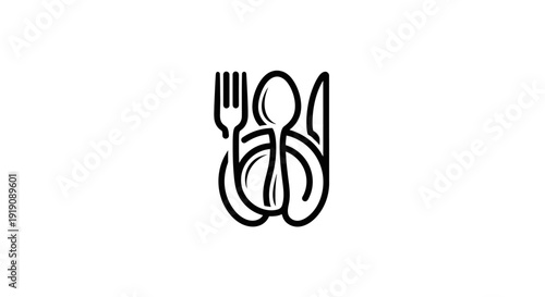 Simple black and white illustration of a fork, knife, and spoon.