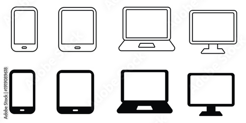 Set of electronic device icons featuring smartphones, tablets, laptops, and monitors, line art and solid versions