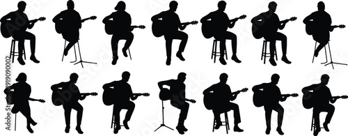 Silhouette, guitarist, acoustic, guitar, musician, playing, music, seated, performance, artist, black, figures, collection, set, isolated, illustration, instrument, concert, white, background