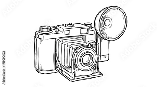 Hand drawn sketch of a vintage folding bellows camera with flash bulb attachment on white background, ideal for photography history articles, retro logo design and nostalgic advertising