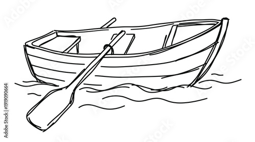 Minimalist hand drawn line art illustration of a classic wooden rowboat with oars on water ripples, ideal for coloring pages, nautical logo design and educational materials