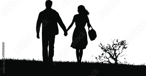 Romantic couple silhouette holding hands walking on grass, love relationship concept, black isolated illustration with tree, minimalist vector art
