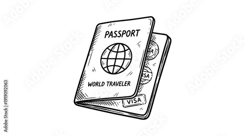 Hand drawn black and white sketch of a world traveler passport with visa stamps and globe icon on white background, ideal for travel blog, international vacation and tourism advertisement