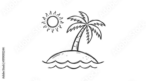 Simple hand drawn doodle of a tropical island with a palm tree, sun and sea waves on white background, ideal for travel blog icons, summer vacation marketing and minimalist design projects
