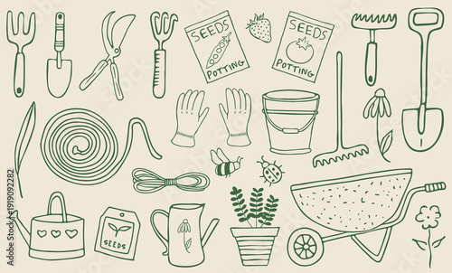 Garden items agriculture tools, farm or planting equipment set with plants seeds bucket seedling gloves and wheelbarrow. Hand drawn vector doodle line art style. illustration for gardening and farming