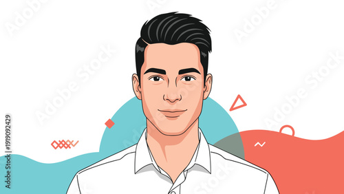 Professional portrait of a young man with dark hair wearing a white collared shirt against an abstract background.