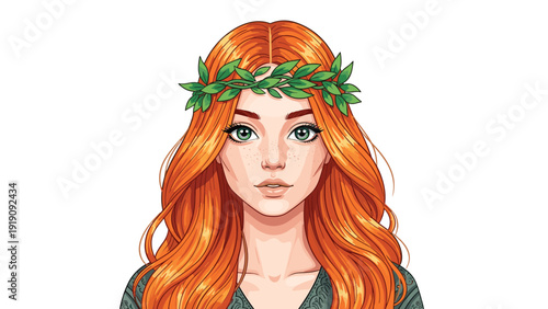 Beautiful redheaded woman wearing a crown of green leaves gazes forward in this detailed digital character portrait.