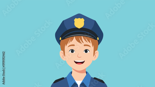 Adorable cartoon illustration of a young boy dressed in a blue police officer uniform with a hat and a big smile.