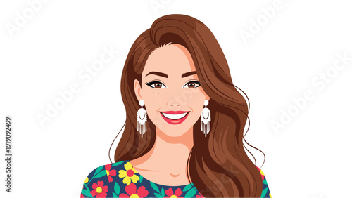 Gorgeous woman with long wavy brown hair and elegant earrings smiles warmly in this stylish digital portrait.
