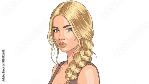 Portrait of a beautiful woman with striking blue eyes and long blonde hair styled in a thick side braid, looking over her shoulder with poise.