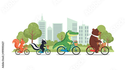 Animals including a squirrel, skunk, crocodile, and bear riding bicycles through a park with city buildings visible in the distant background.