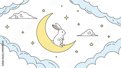 Cute white rabbit sitting on a glowing yellow crescent moon among soft blue clouds and bright yellow stars against a clean white background.