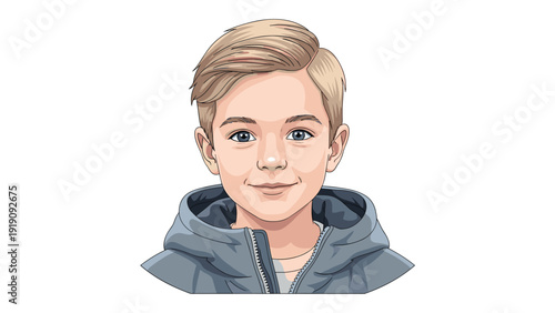Portrait of a young boy with light blonde hair and blue eyes wearing a grey hooded sweatshirt, smiling gently with a clean and clear background.