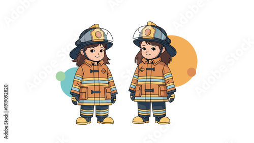 Two young girls standing confidently in full firefighter gear including helmets and protective uniforms for kids.