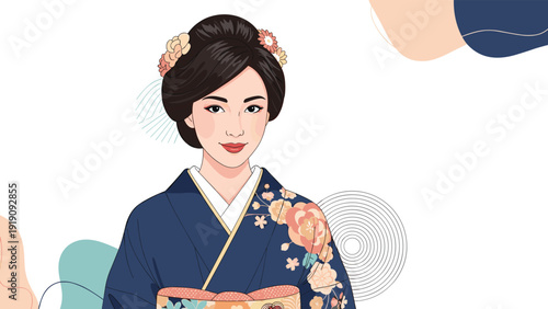 Elegant woman in a traditional dark blue Japanese kimono with pink floral embroidery and a classic updo hairstyle.