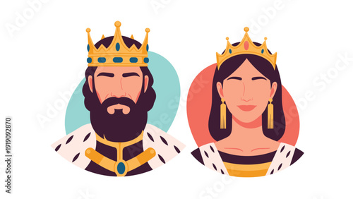 Portraits of a noble king with a thick beard and a graceful queen wearing golden crowns and royal ermine robes.