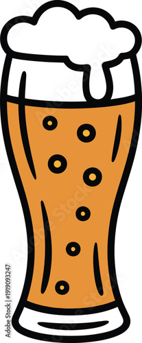 Hand drawn cartoon illustration of a glass of beer with foam head and bubbles